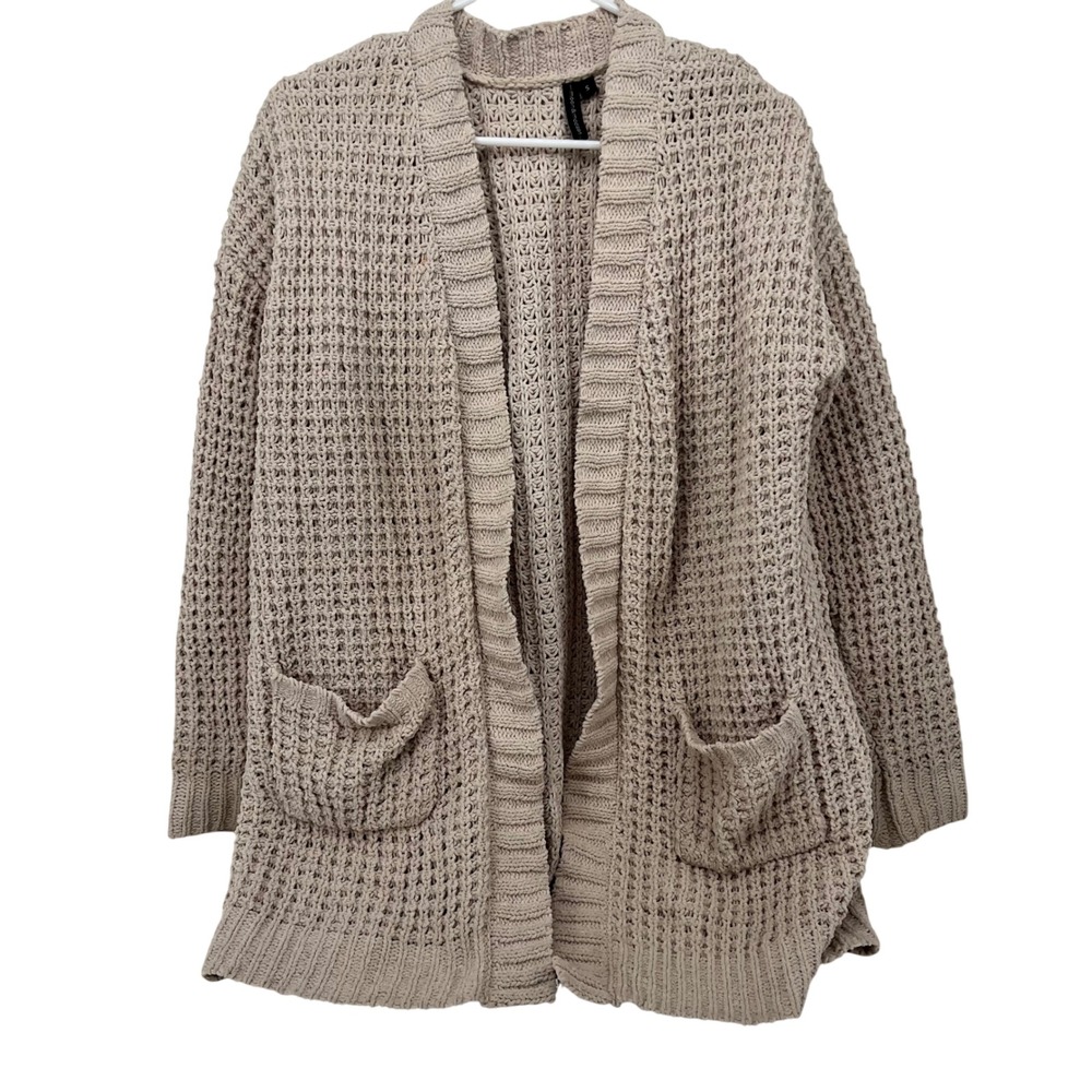 Moon & Madison  Beige Waffle Knit Open Front Cardigan Sweater‎ Pockets Small